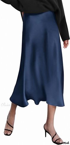 Olivia Mark - High-Waisted Long Satin Silk Mermaid Skirt with Tail Hem Blue Solid Color Skirt, Elegant Blue Satin Bottoms, Elegant Blue High Waist Maxi Skirt, Fitted Blue Satin Bottoms, Blue Fitted Satin Bottoms, Blue Satin Flowy Skirt, Blue Satin Skirt, Satin Skirts, Fishtail Skirt