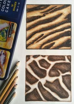 the pencils are next to some animal prints and crayons on a sheet of paper