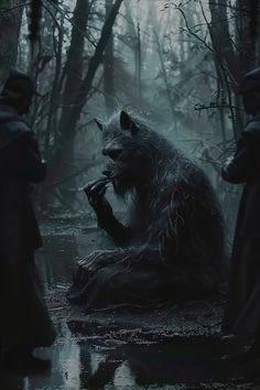 an animal sitting in the middle of a forest next to two people wearing hooded clothing