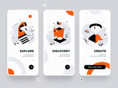 three mobile phone screens with different illustrations on them