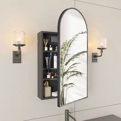 a bathroom sink with a mirror above it and a shelf on the wall next to it