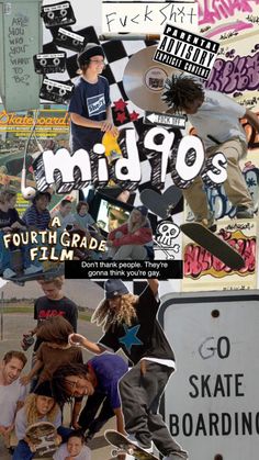 collage of skateboarders and street signs with the words mid 90's