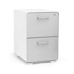 a white two drawer file cabinet against a white background