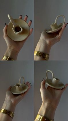 four pictures of a hand holding a tea cup and saucer