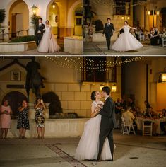 the bride and groom are dancing together at their wedding reception in front of an audience