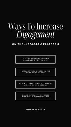 the front cover of a book with black background and white text that reads ways to increase engagement on the instagram platform