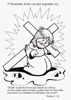 a black and white drawing of jesus carrying the cross with words in spanish on it