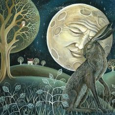 a painting of a fox and the moon