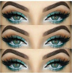 Teal and silver eye makeup Make Up Mata, Rock Makeup, Silver Eye Makeup, Makeup Looks For Green Eyes, Makeup Hacks, Makeup For Green Eyes, Blue Eye Makeup