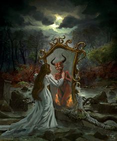 a painting of a woman looking into a mirror with a demon on it's face