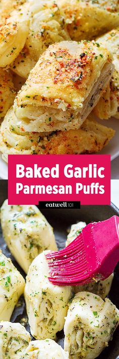 baked garlic parmesan puffs on a plate with a pink spatula