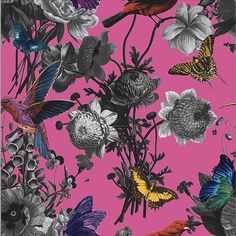 a pink background with many different types of flowers and butterflies on it, all in black and white