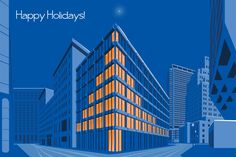 an image of a building with the words happy holidays on it's front and side