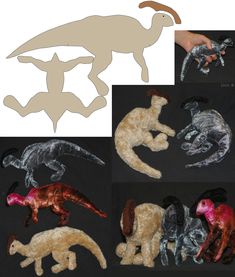 four pictures of different types of stuffed animals in various stages of development, including an antelope