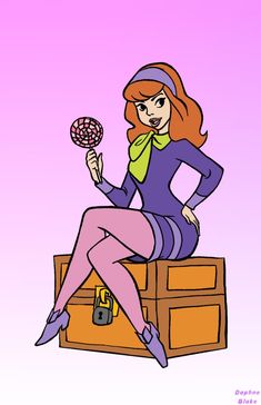 a woman sitting on top of a suitcase holding a lollipop in her hand