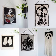 crocheted wall hangings decorated with halloween images and ghost pictures, along with a potted plant