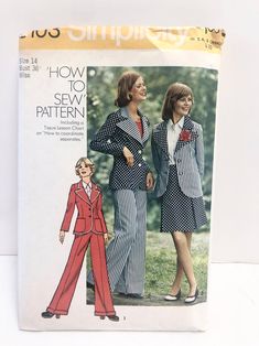 an old sewing pattern with two women in suits