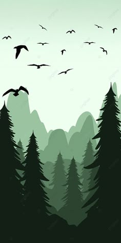 a flock of birds flying over a forest filled with tall pine trees and green mountains