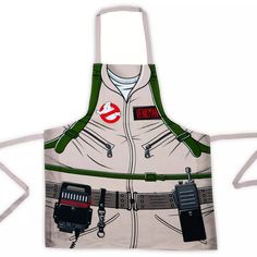 a white apron with an image of a person holding a radio and two other items