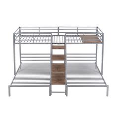 a metal bunk bed frame with two wooden drawers on the bottom and one above it