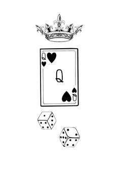 a black and white drawing of playing cards with dices in front of the mirror