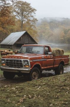 an old red pickup truck with hay in the bed is parked near a barn on a foggy day