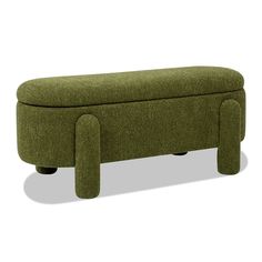 an upholstered bench with wheels on the legs and footrests is shown