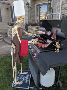 a skeleton cooking food on an outdoor grill