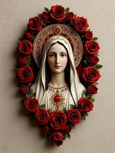 a painting of the virgin mary surrounded by red roses in a round frame on a wall