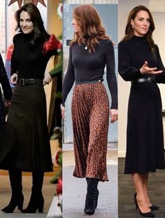 four different pictures of women in black and brown outfits, one is wearing a turtle neck sweater