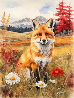 a painting of a fox sitting in a field with daisies and mountains in the background