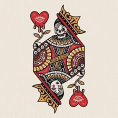 an image of a playing card with skulls and hearts on the sides, as well as other symbols