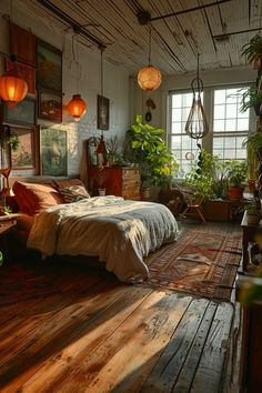 a bedroom with wooden floors and lots of plants