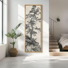 a painting hanging on the wall above a bed in a room with stairs leading up to it