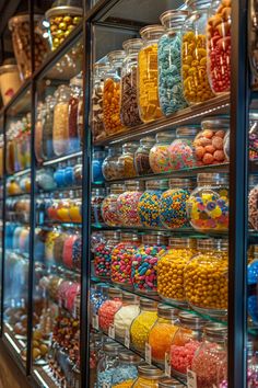 a display case filled with lots of different kinds of candies and candys in glass containers