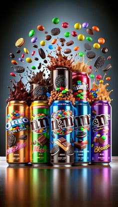 six cans of various flavored drinks with chocolate, candy and cookies falling out of them