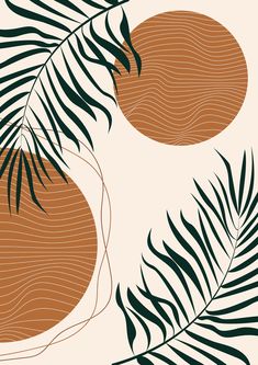 an orange and green palm leaf pattern on a white background with brown circles in the center