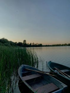 two small boats sitting on top of a lake next to tall grass