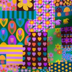 a colorful patchwork background with hearts and flowers in different colors, shapes and sizes