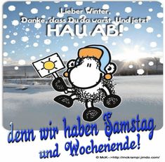 a cartoon character holding a flag in the snow with words below it that read, denn wi haber samstag und wohende?