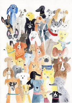 a drawing of many dogs and cats all grouped together in the same image, with one dog looking at the camera