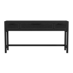 a black console table with two drawers on one side and an open drawer at the top