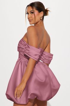 Available In Mauve. Satin Mini Dress Off shoulder Short puff sleeves Pleated bodice Bubble hem Hidden back zipper Lined non stretch Length = 33" Shell/Lining: 100% Polyester Imported | Valeria Satin Bubble Mini Dress in Mauve size Medium by Fashion Nova Muave Short Dress, Fitted Mauve Mini Dress For Night Out, Fitted Feminine Mauve Mini Dress, Fitted Mauve Mini Dress, Elegant Mauve V-neck Mini Dress, Mauve Dress, Pleated Bodice, Satin Mini Dress, Puff Sleeve