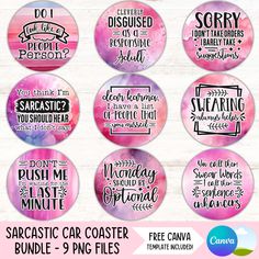 six pink and purple watercolored badges with the words, sayings and phrases on them