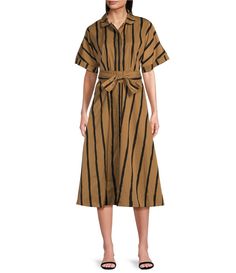 From Buru&#x2C; this dress features: Vertical khaki stripe printA-Line shirt dress silhouettePointed collar neckline Elbow length sleevesSide seam pocketsContrast bow belt detail Fully linedMidi lengthButton front closureApprox. 46.5" length (size small for reference)Cotton/nylon; polyester liningGently hand wash with cool water/hang on line in shade to dryImported. Striped Short Sleeve Dresses For Fall, Striped Short Sleeve Fall Dresses, Striped Button Dress For Daywear, Knee-length Striped Dress With Buttons, Striped Cotton Midi Dress Knee-length, Striped Button-up Midi Dress For Daywear, Striped Cotton Button-up Dresses, Bow Belt, Dress Silhouette