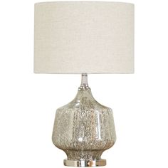 a glass table lamp with a white linen shade on the base and a silver metal frame