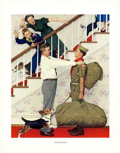 a man in uniform standing next to two boys and a dog on the stairs with their hands up