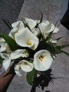 a bouquet of white flowers sitting on top of a cement floor next to a person's hand