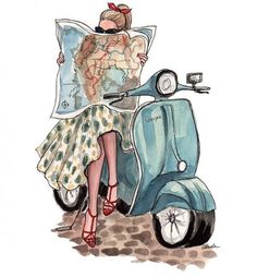 a drawing of a woman in a dress and shoes next to a scooter