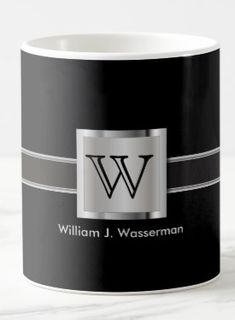 a black and white coffee mug with the word william j wasserman on it